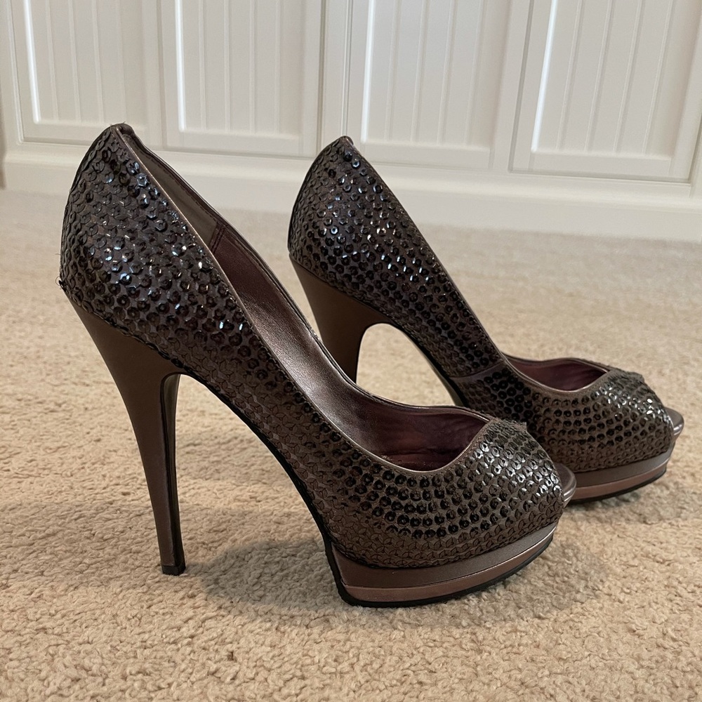 Pewter colored sequin stilettos